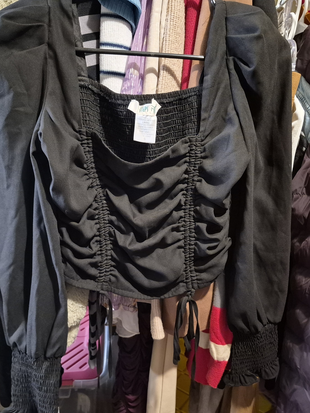Black Ruched Long-Sleeve Blouse